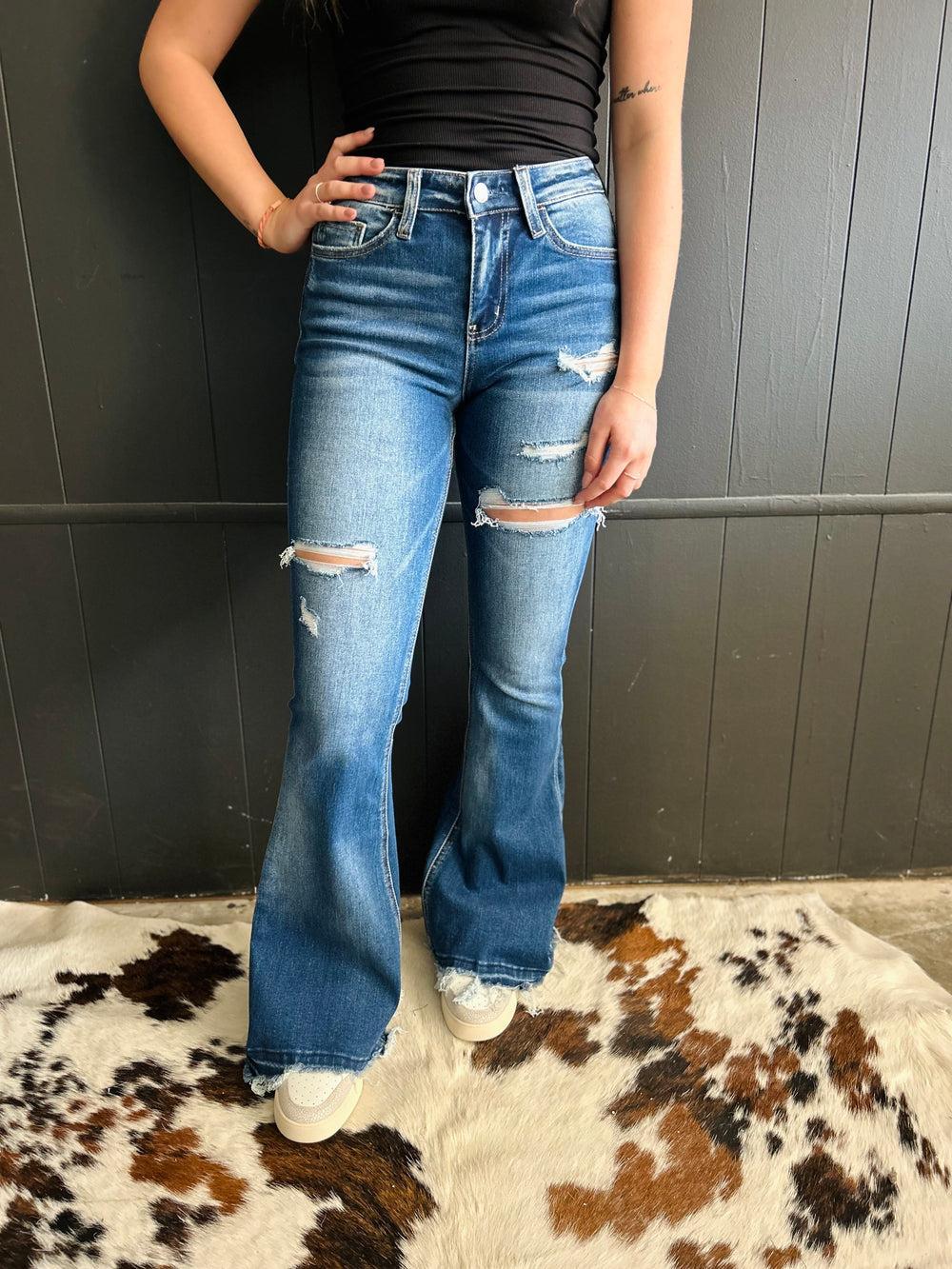 High Rise Frayed Hem Distressed Jeans Product Image