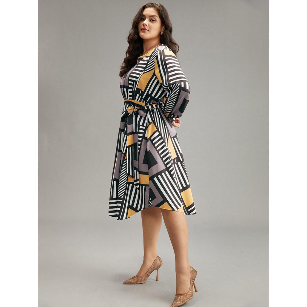 Plus Size Colorblock Geometric Notched Elastic Waist Arc Hem Dress Multicolor Women Office Printed Notched collar Long Sleeve Curvy Midi Dress BloomChic 10/M Product Image