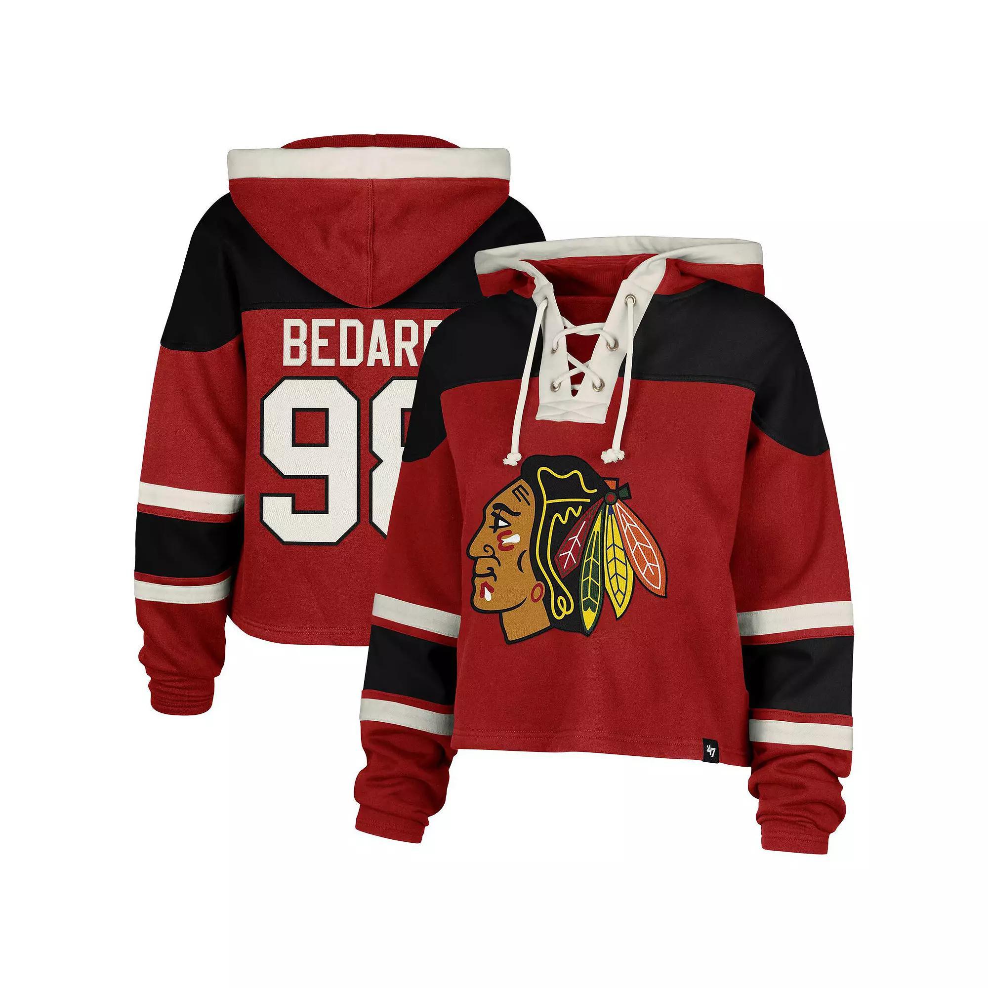 Women's '47 Connor Bedard Red Chicago Blackhawks Superior Lacer Cropped Pullover Hoodie, Size: XL Product Image