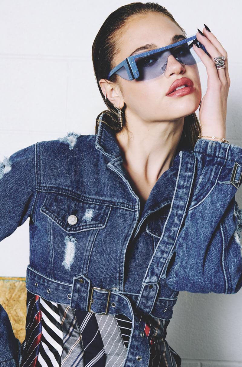 STRESSED OUT CUT OUT CROP DENIM JACKET Product Image