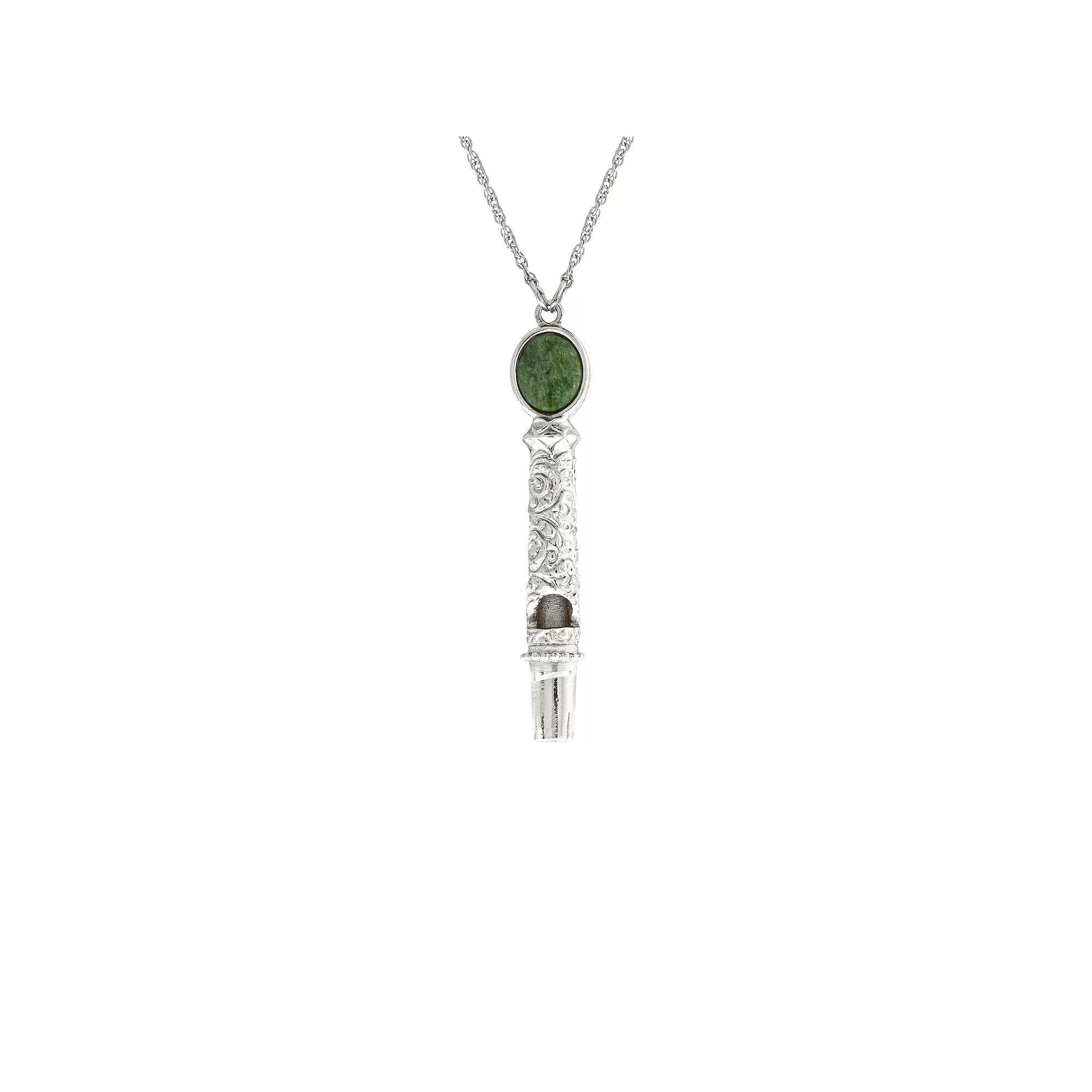 1928 Silver Tone Jade Accent Filigree Whistle Pendant Necklace, Womens, Green Product Image