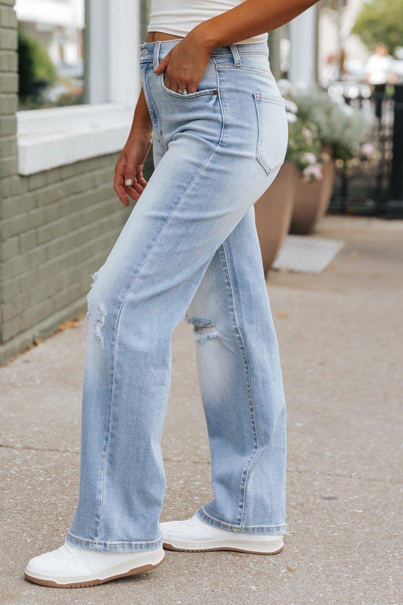 Light Wash Super High Rise Distressed Dad Jeans - FINAL SALE Product Image