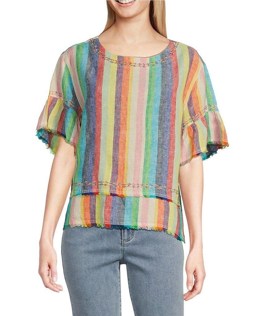 John Mark Embroidered Yarn-Dye Stripe Crew Neck Short Ruffle Hi-Low Hem Top Product Image