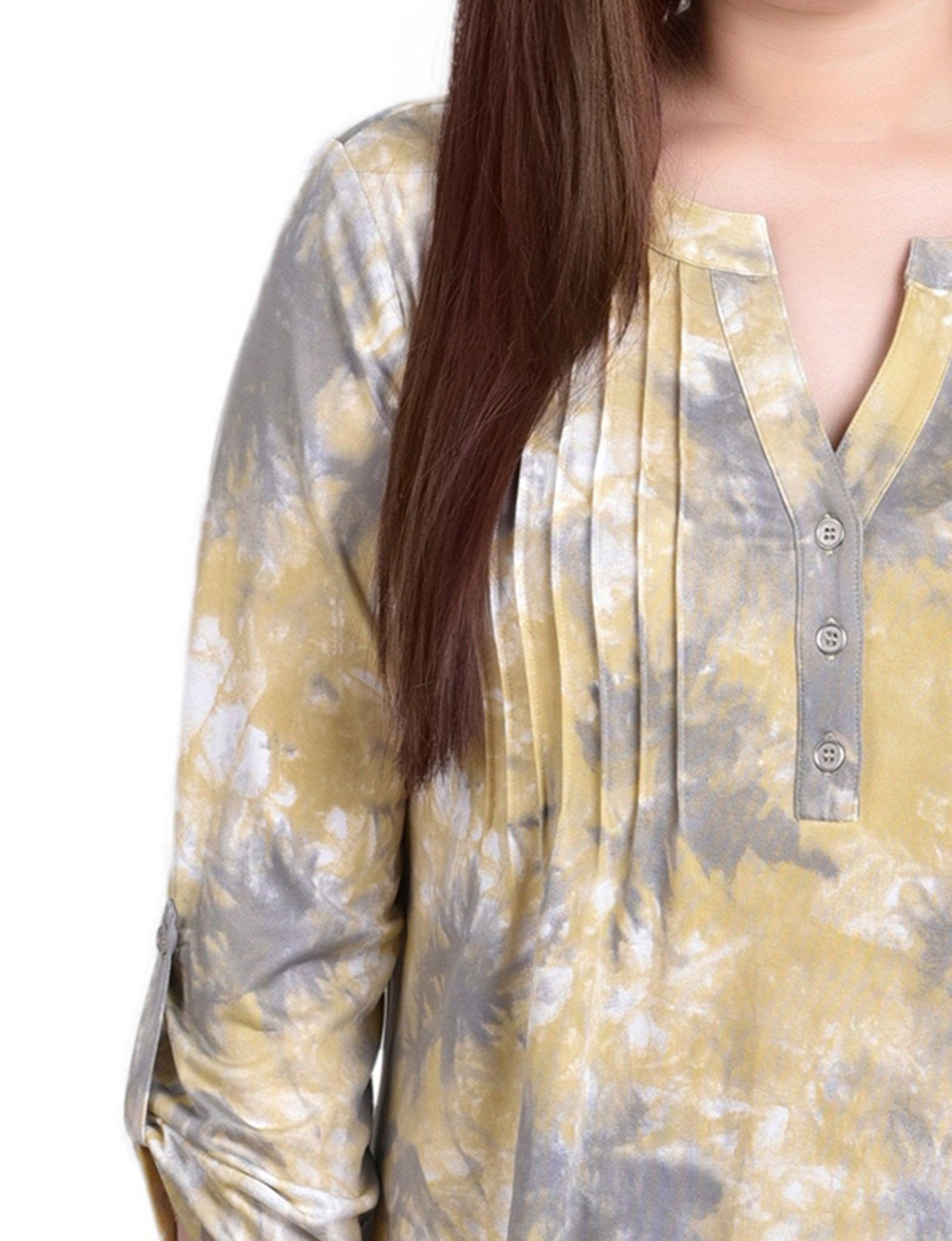 Yellow Tiedye 3/4 Bell Sleeve Pleat Front Y Neck Top Product Image