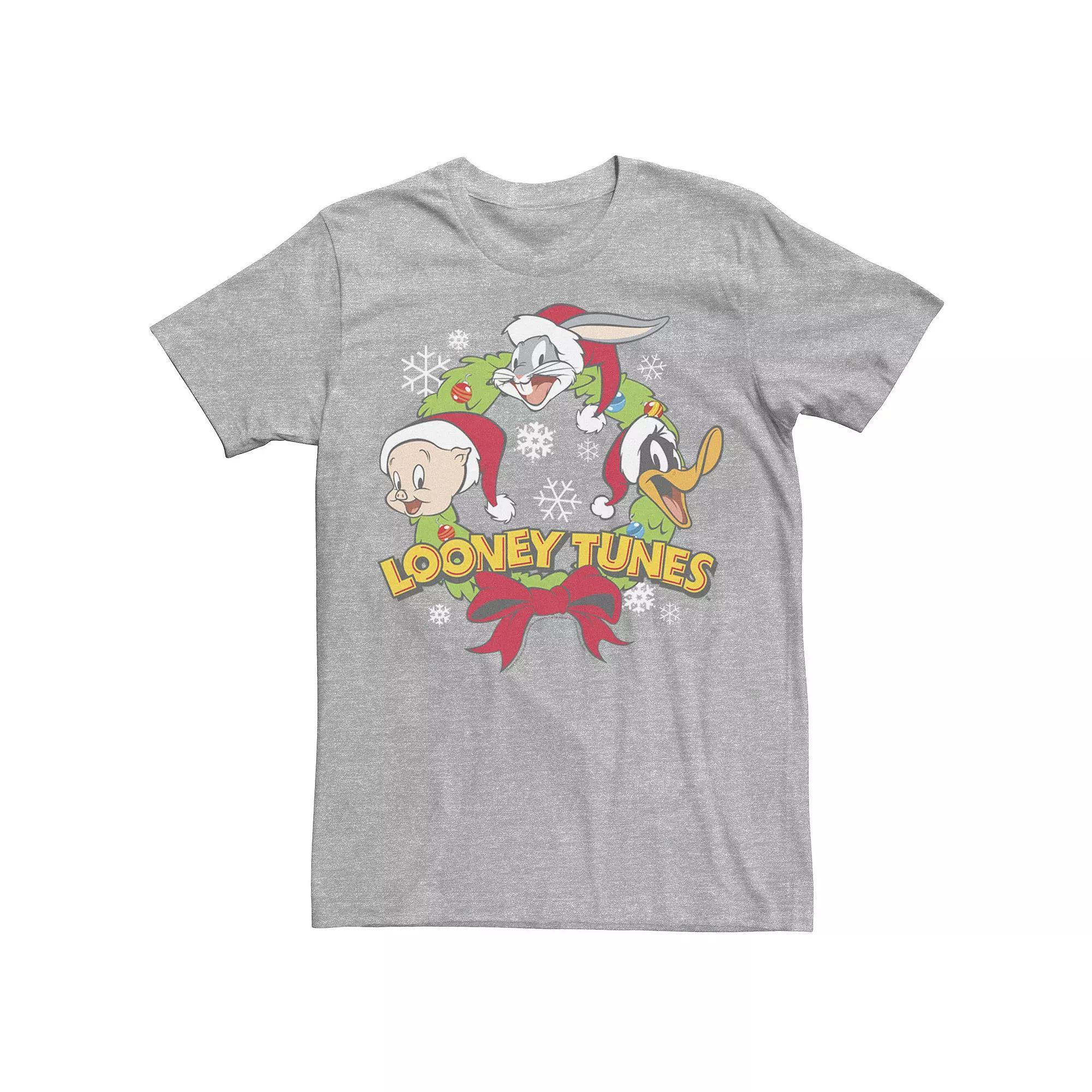 Men's Looney Tunes Christmas Group Shot Wreath Tee, Size: XXL, Athletic Grey Product Image