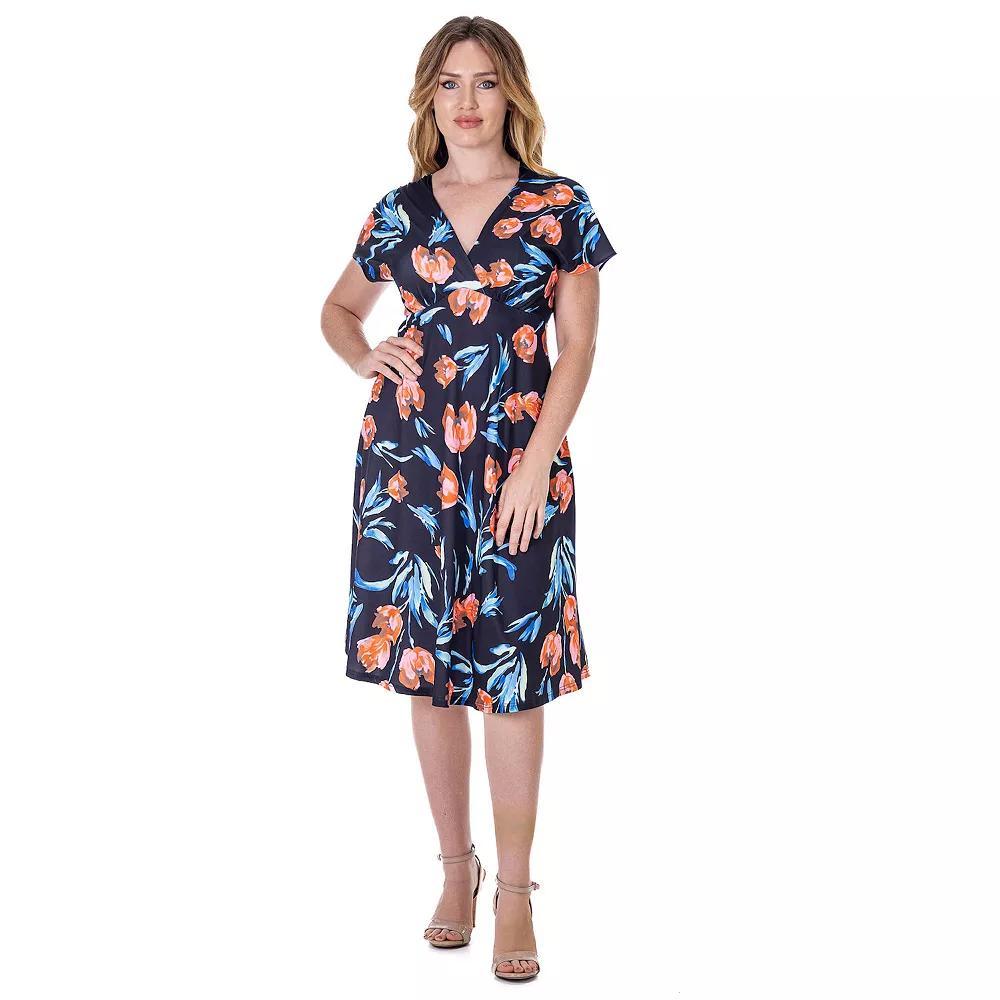 Women's 24Seven Comfort Apparel V Neck Empire Waist Kimono Cap Sleeve Knee Length Dress, Size: Medium, Orange Team Product Image