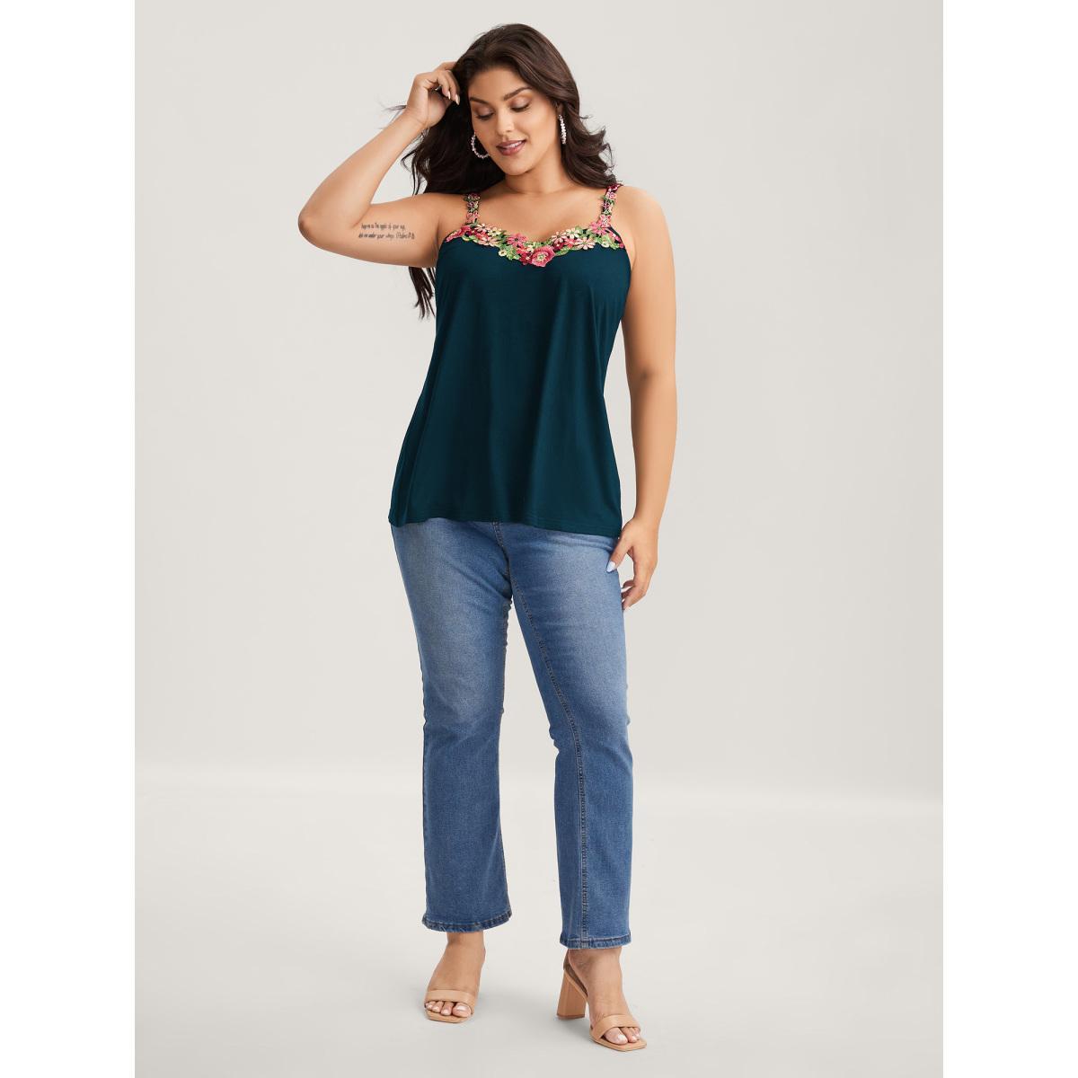 Plus Size 3D Floral Neckline Tank Top Women Cyan Woven ribbon&lace trim V-neck Everyday-Elegant Tank Tops Camis BloomChic 28/5X Product Image