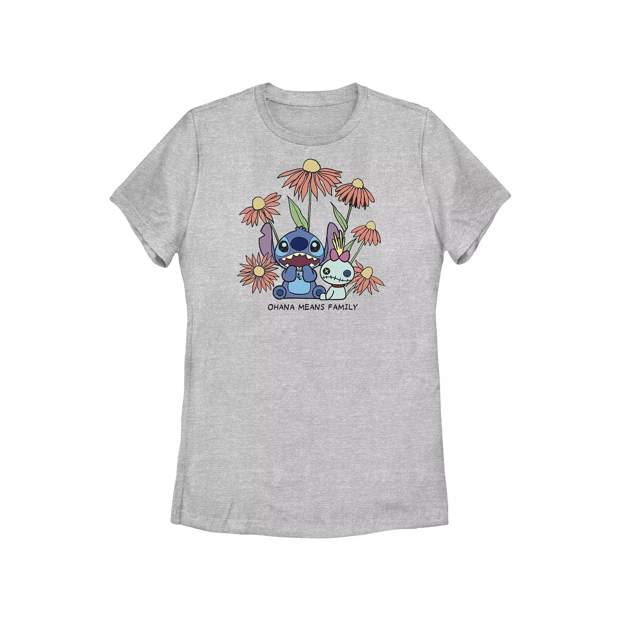 Disney's Lilo & Stitch Women's Ohana Means Family Flowers Tee, Girl's, Size: Medium, Athletic Grey Product Image