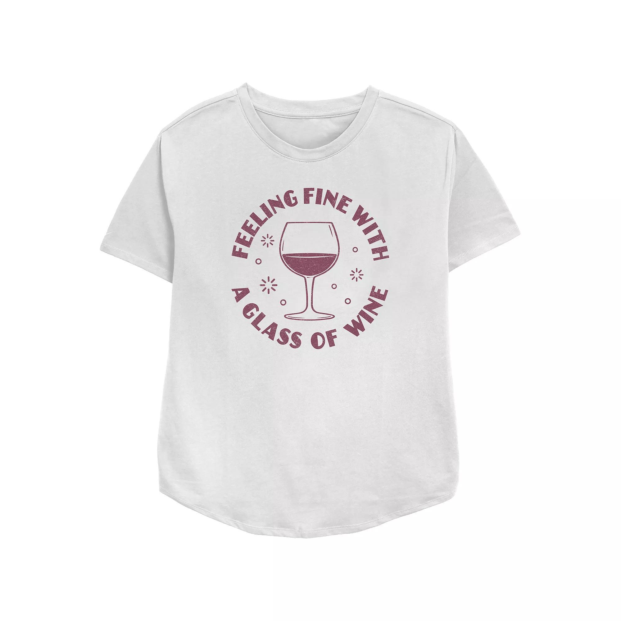 Women's Trendy Feeling Fine With A Glass Of Wine Text Relaxed Fit Graphic Tee, Girl's, Size: Medium, White Product Image