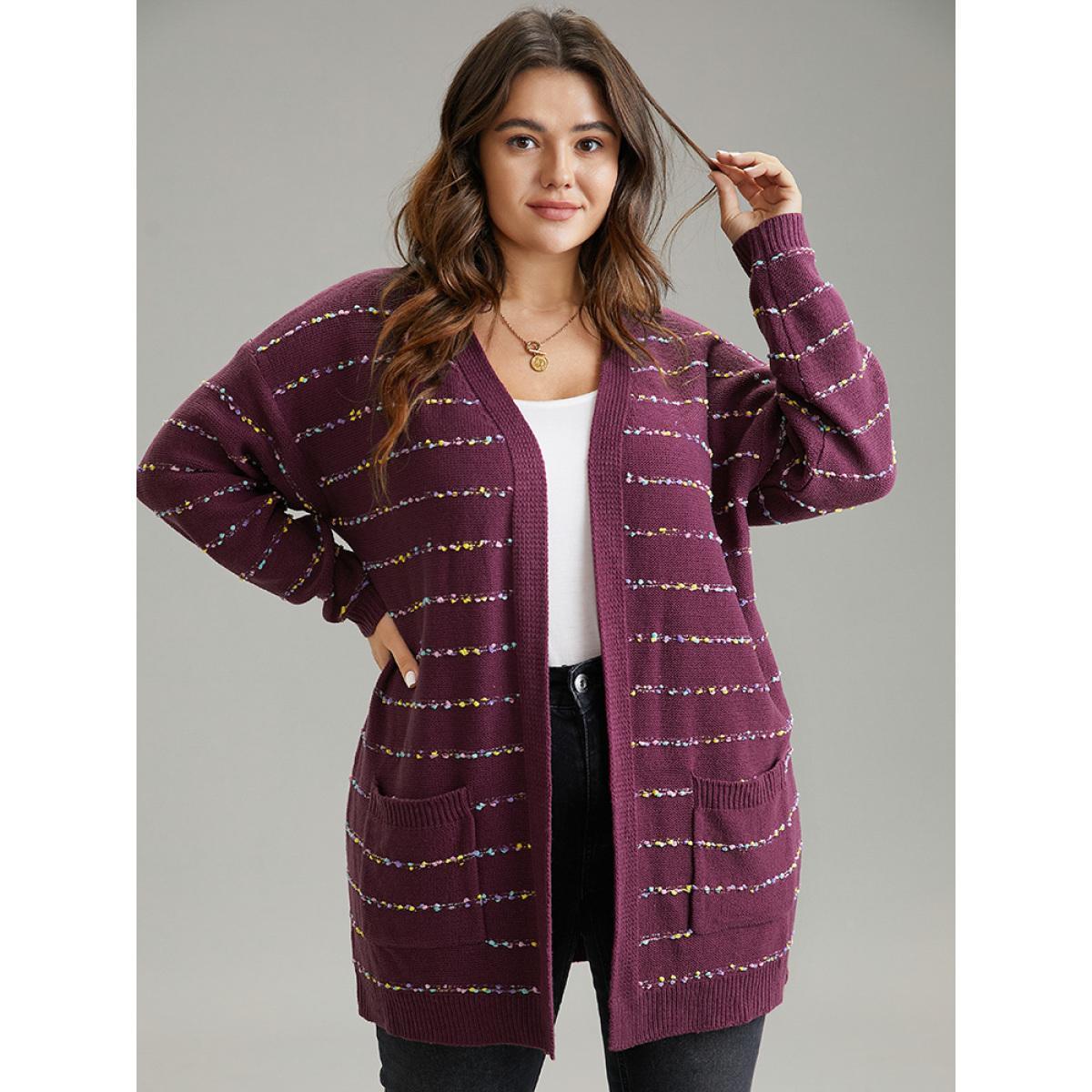 Plus Size Heather Rainbow Striped Open Front Cardigan Burgundy Women Casual Loose Long Sleeve Everyday Cardigans BloomChic 28/5X Product Image