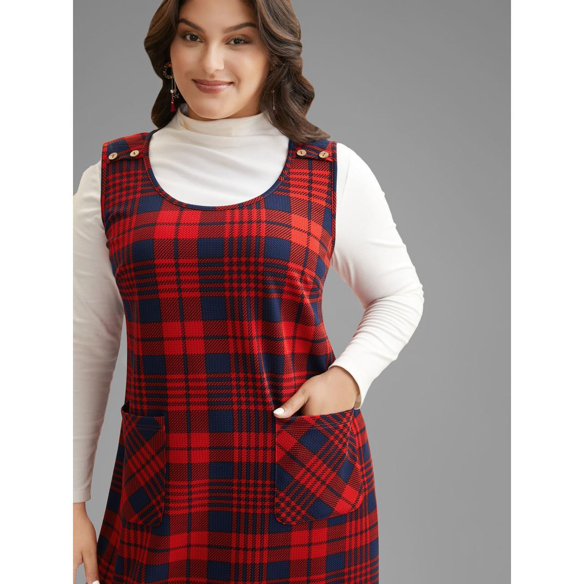 Plus Size Holiday Plaid Sleeveless Stretch Midi Dress Crimson Women Casual Button Party Curvy Bloomchic 12/L Product Image