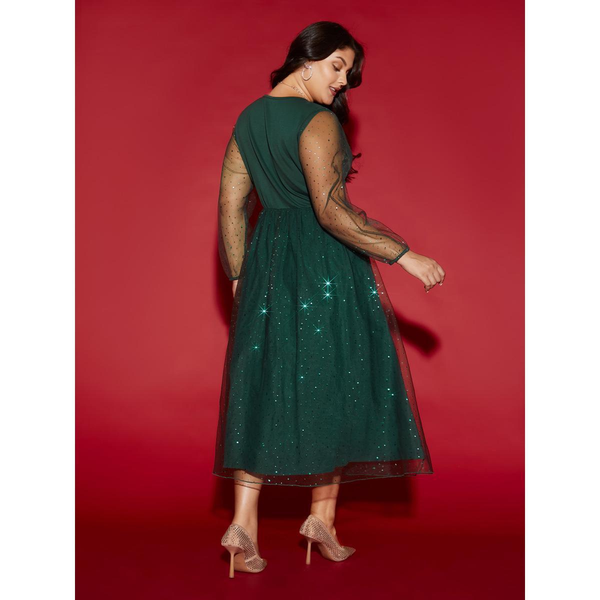 Plus Size Sheer Mesh Shimmering Sequins Maxi Dress Cyan Women Cocktail Texture Party Curvy Bloomchic 18-20/2X Product Image