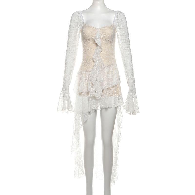 Flared-Sleeve Floral Asymmetrical Lace A-Line Dress Product Image