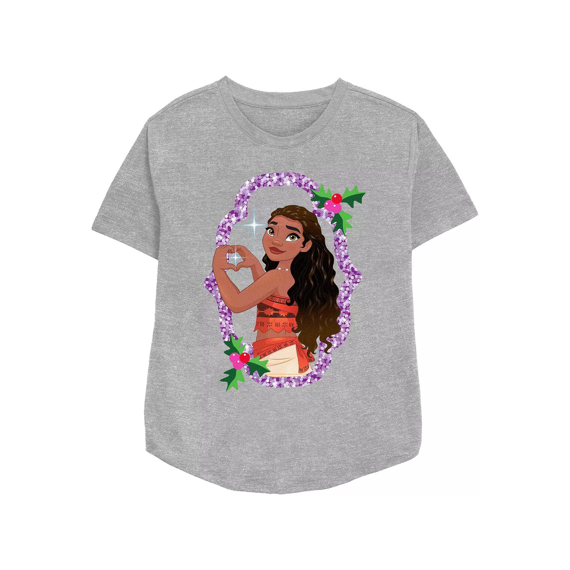 Disneys Moana Sparkling Christmas Wreath Womens Relaxed Fit Graphic Tee Athletic Grey Product Image