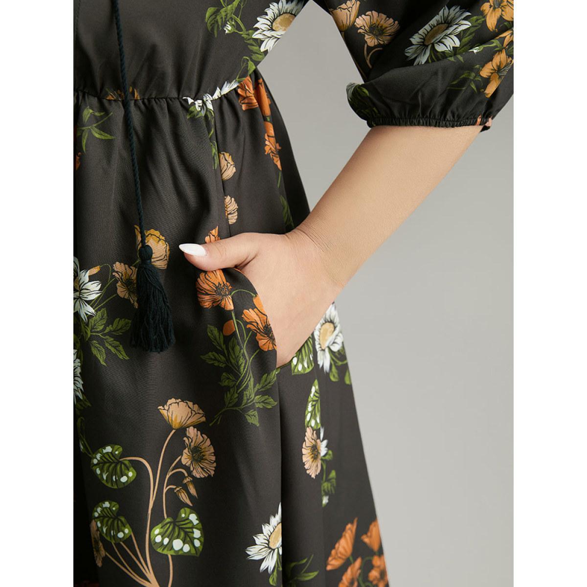 Plus Size Floral Tassel Trim Gathered Knot Neck Dress Black Women Vacation Elastic cuffs Tie Neck Elbow-length sleeve Curvy Knee Dress BloomChic 28/5X Product Image