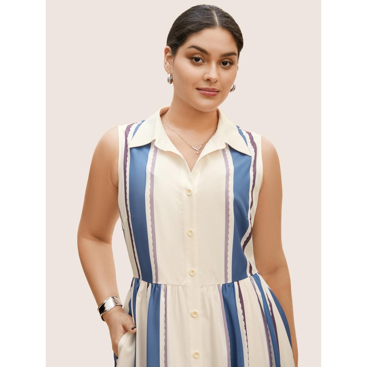 Plus Size Shirt Collar Contrast Striped Sleeveless Midi Dress LightBlue Women At the Office Contrast Shirt collar Sleeveless Curvy BloomChic 14-16/1X Product Image
