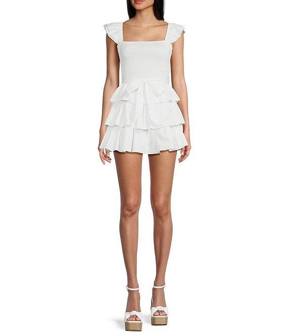 B. Darlin Ruffle Strap Smocked Square Neck Bodice Tiered Skirt Romper Product Image