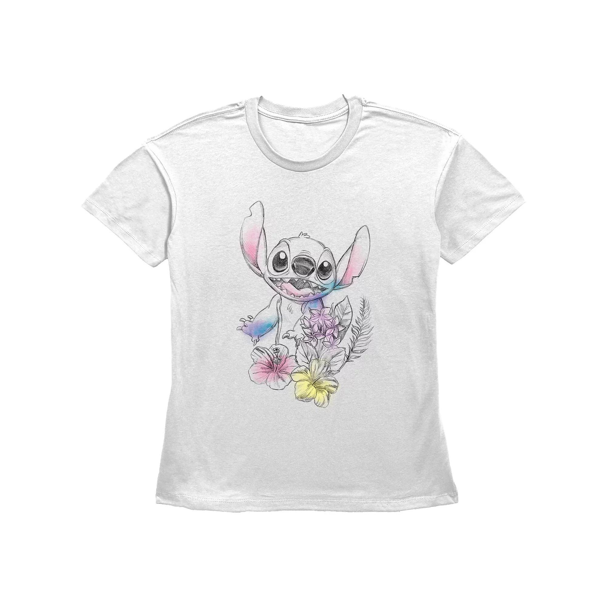 Disney's Lilo & Stitch Women's Floral Sketch Graphic Tee, Size: Medium, White Product Image