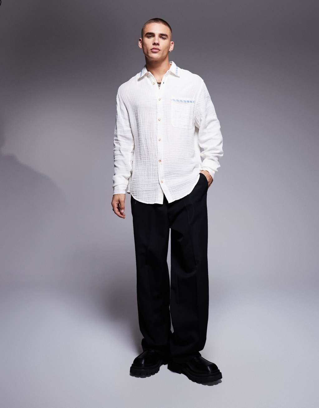 ASOS DESIGN relaxed textured shirt with cross stitch embroidery in white   Product Image
