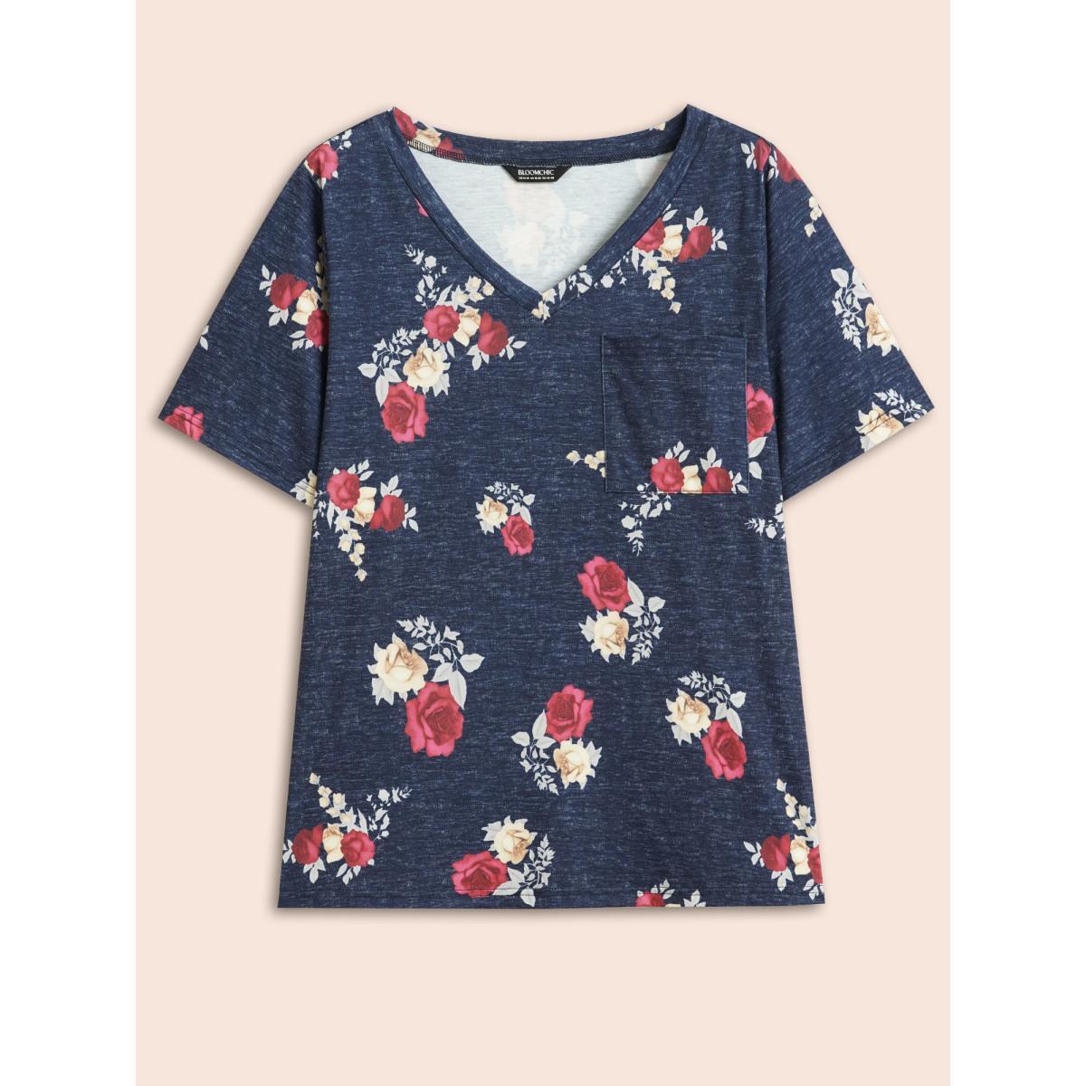 Plus Size Floral Print Heather Patched Pocket T-shirt Multicolor Women Elegant Printed Floral V-neck Dailywear T-shirts BloomChic 30/6X Product Image