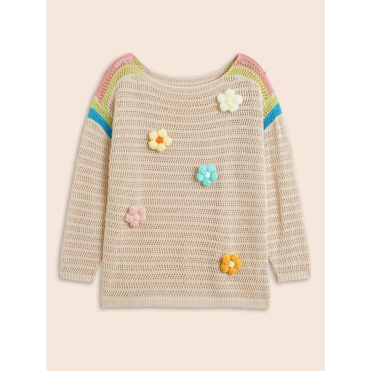 Plus Size Colored Stereo Flower Design Pullover Beige Women Casual Three Quater Length Sleeve Boat Neck Everyday Pullovers BloomChic 12/L Product Image