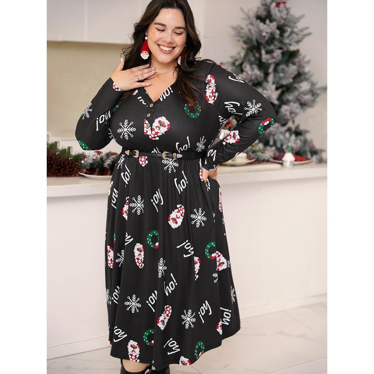 Plus Size Christmas Graphic Button Detail Dress Black Women Elegant Gathered V-neck Long Sleeve Curvy Midi Dress BloomChic 12/L Product Image