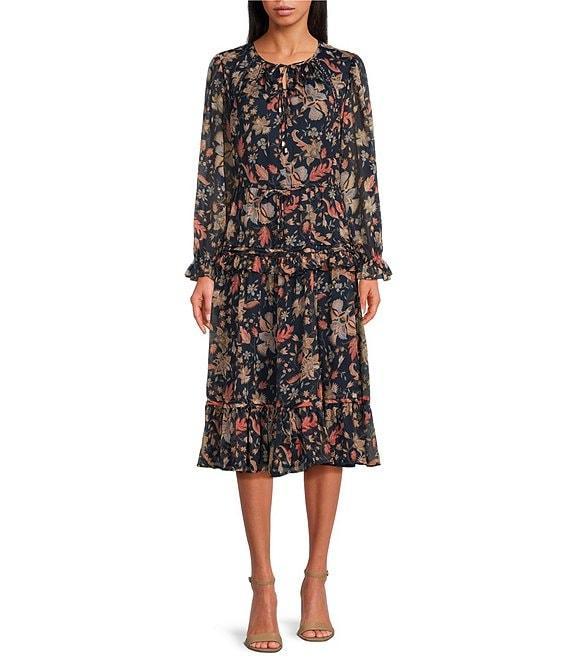 Sam Edelman Clarice Floral Crinkle Chiffon V-Neck Long Sleeve Swing Midi Dress Product Image
