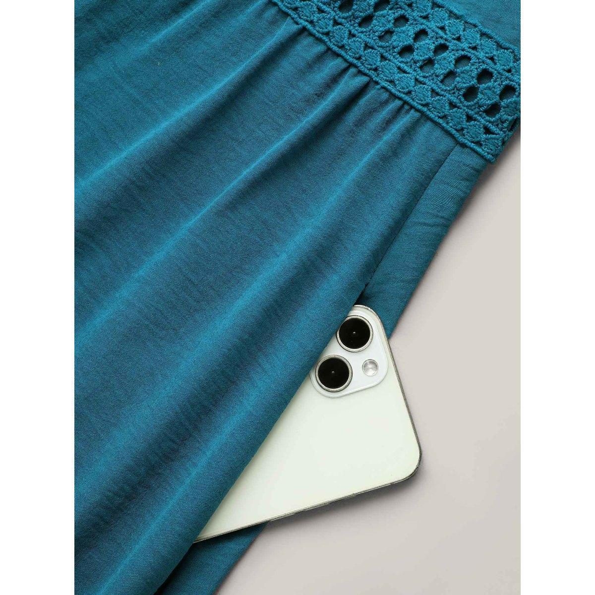 Plus Size Lace Cut-Out Raglan Sleeve Pockets Midi Dress Aegean Women Elegant Woven ribbon&lace trim Round Neck Short sleeve Curvy BloomChic 12/L Product Image