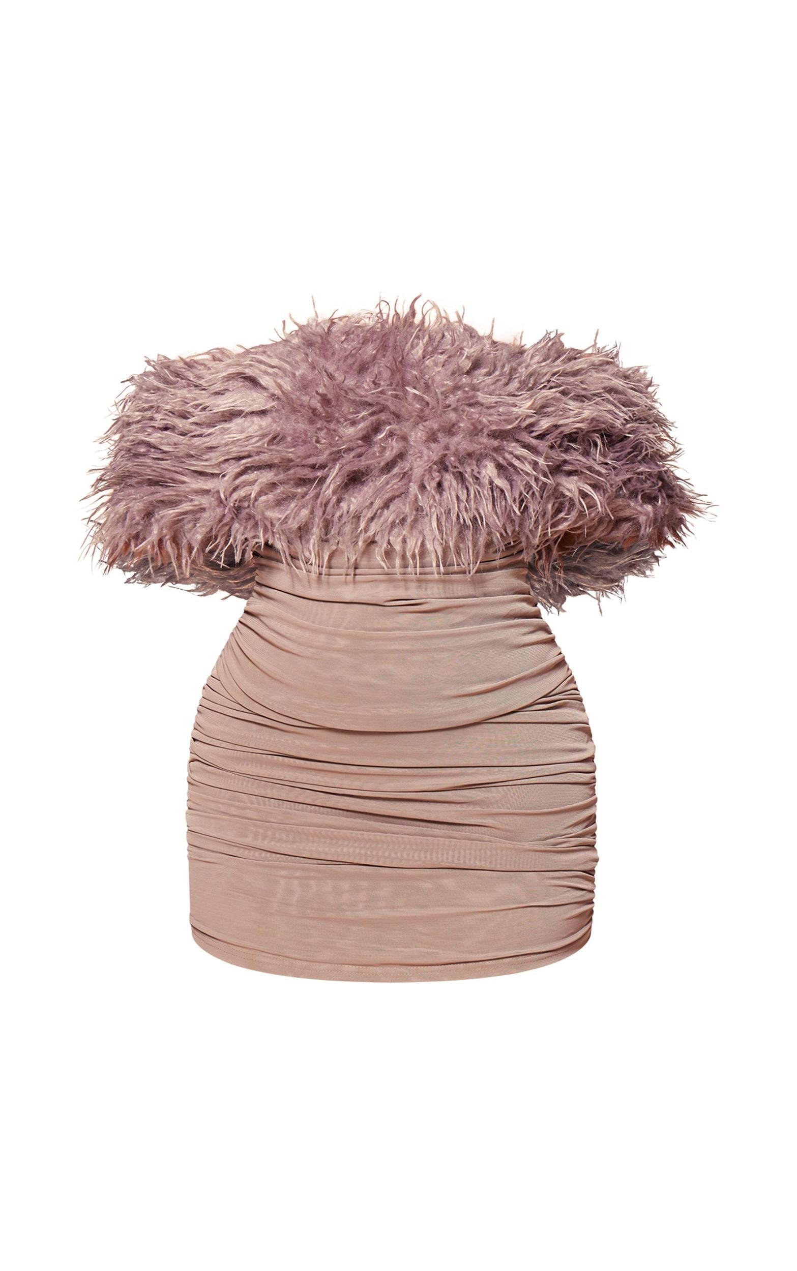 PLT Label Plus Taupe Bandage Mesh Faux Shearling Bardot Ruched Bodycon Dress Product Image