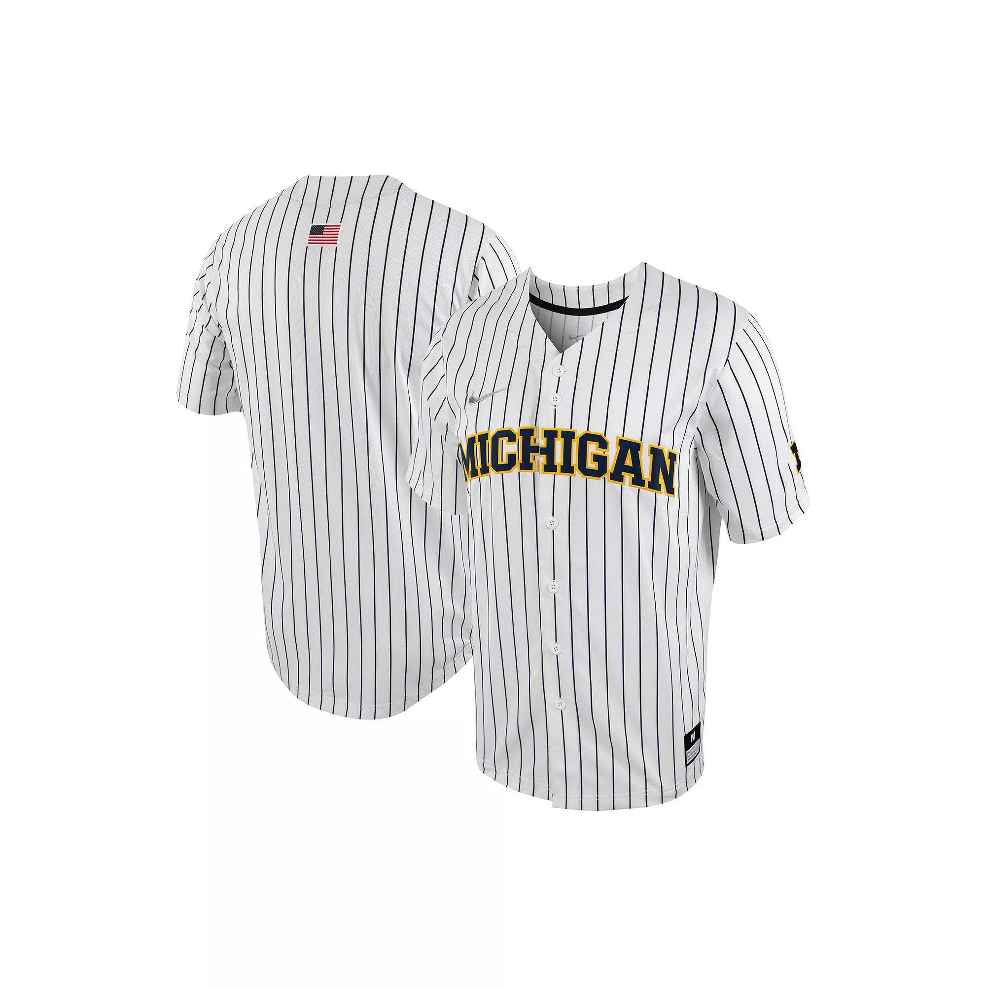 Men's Nike White/Navy Michigan Wolverines Pinstripe Replica Full-Button Baseball Jersey, Size: 2XL Product Image