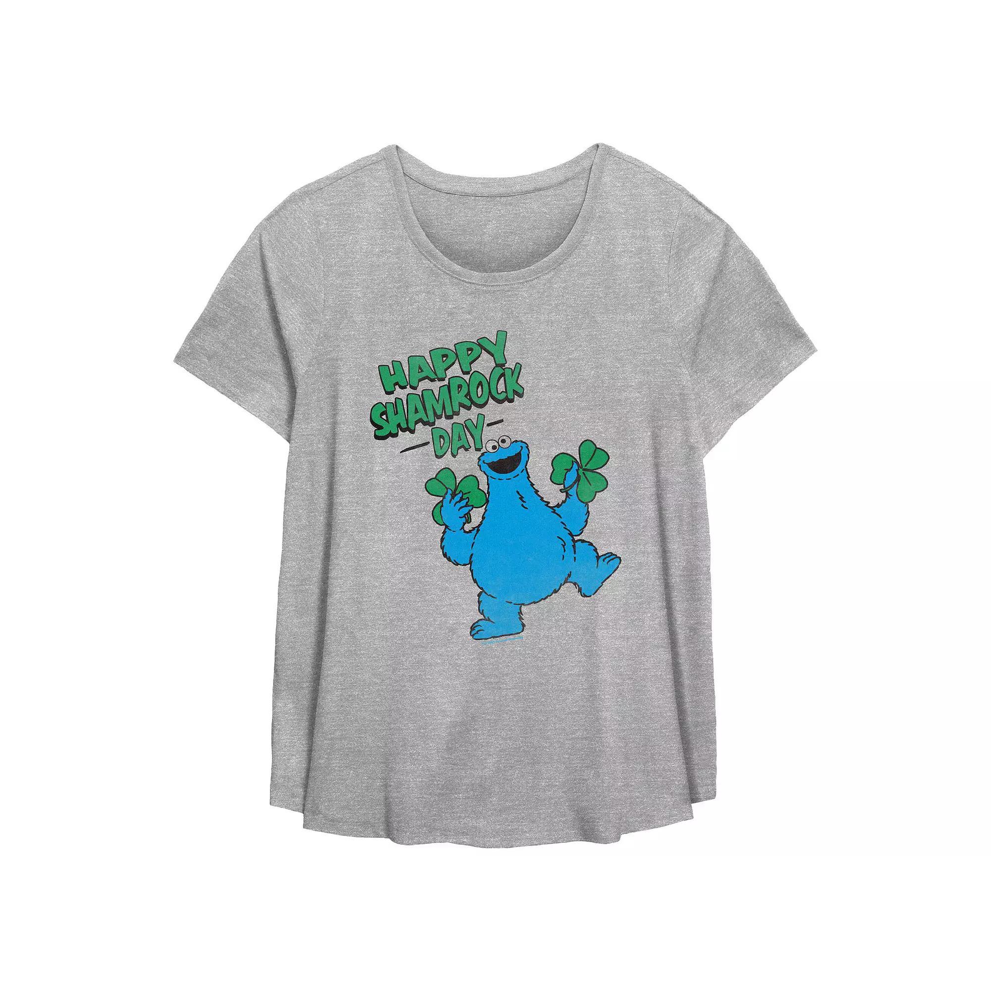 Plus Size PBS Kids Sesame Street Cookie Monster Happy Shamrock Day Flowy Graphic Tee, Women's, Size: 3XL, Grey Gray Product Image