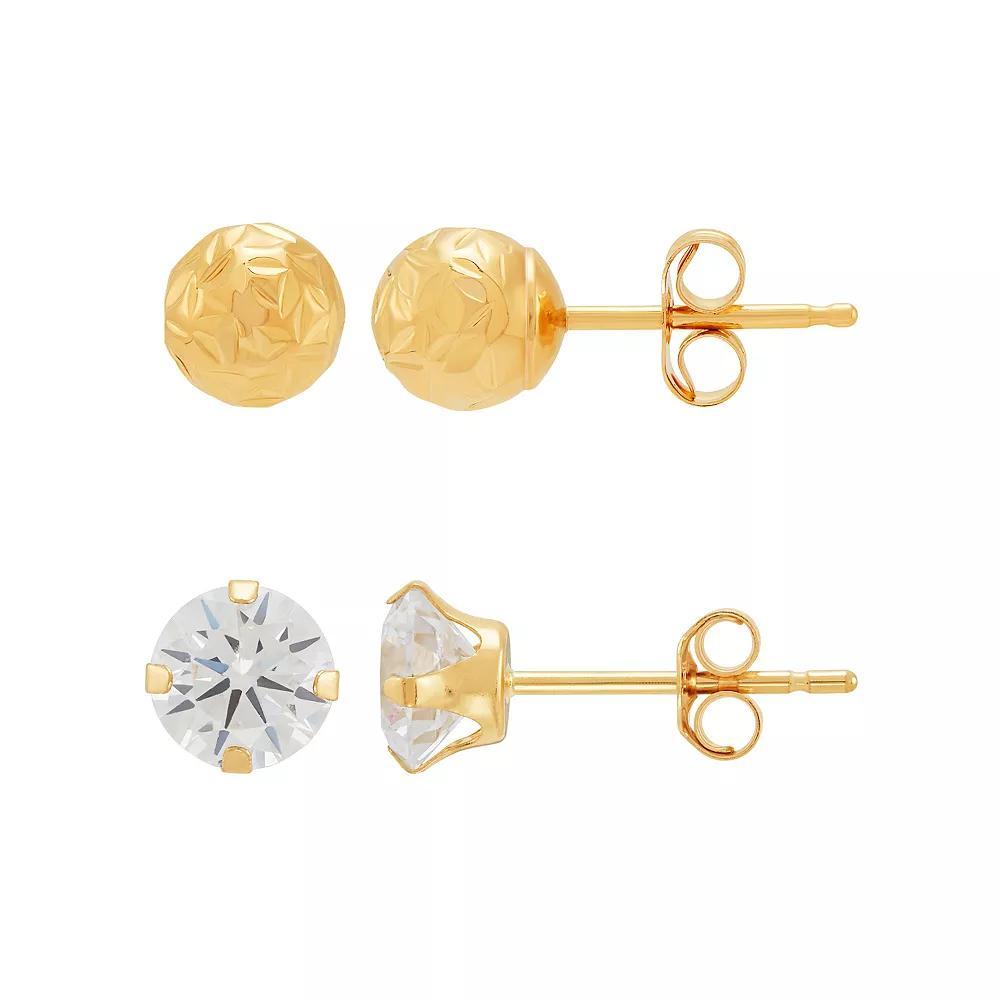 Everlasting Gold 10k Gold Crystal Cut Ball & Cubic Zirconia Earrings Set, Womens Product Image