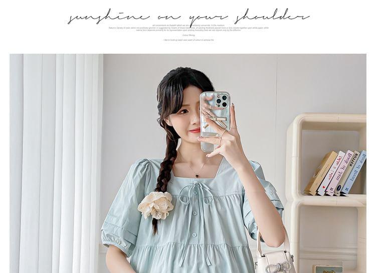 Maternity Short-Sleeve Square Neck Plain Tie Neck Blouse Product Image