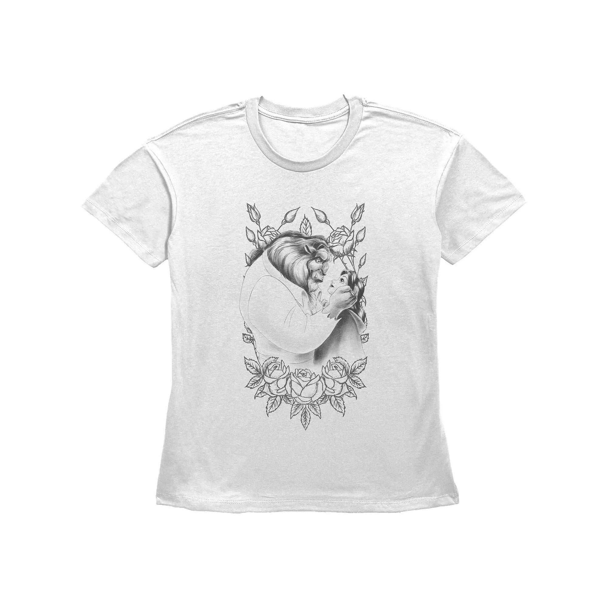 Disney's Beauty And The Beast Belle And Beast Women's Rose Sketch Graphic Tee, Size: Small, White Product Image