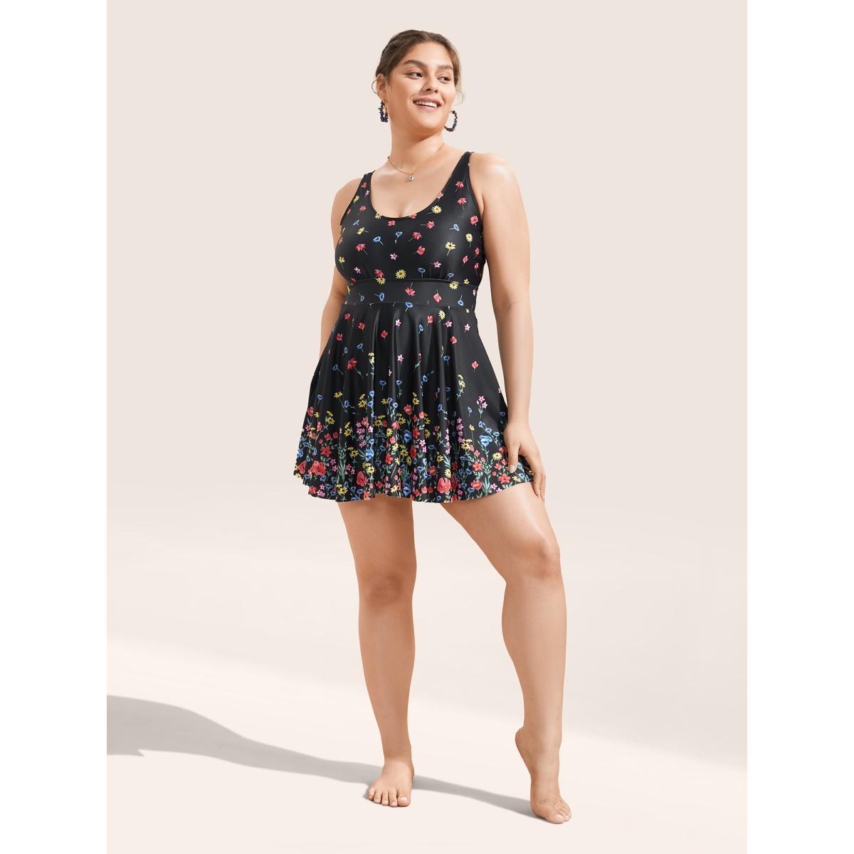 Plus Size Ditsy Floral Lined Spaghetti Strap Swim Dress Women's Swimwear Black Beach Bodycon U-neck High stretch Curve Swim Dresses BloomChic 12/L Product Image