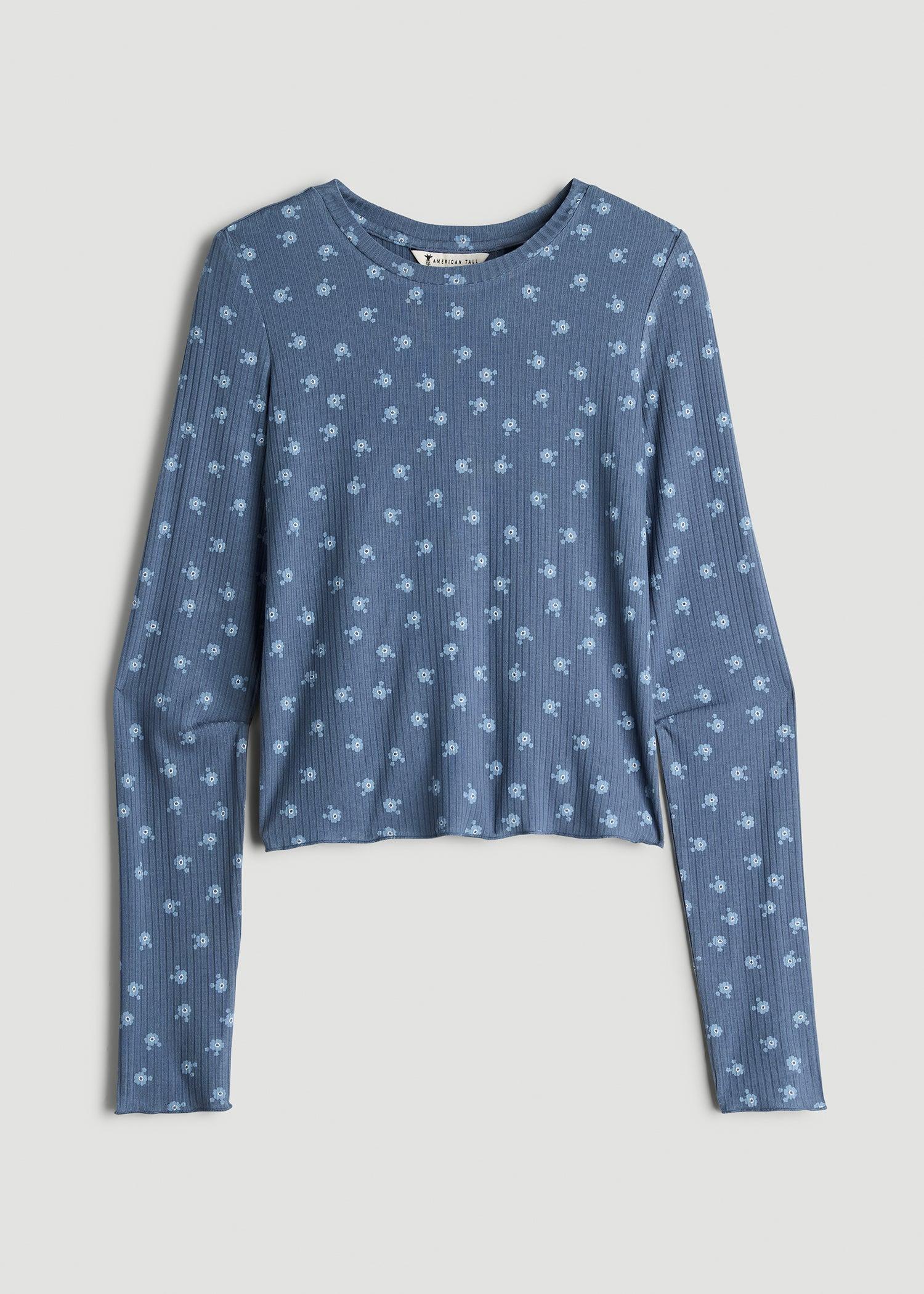 Lightweight Ribbed Cropped Lounge Shirt for Tall Women in Vintage Indigo Floral Product Image