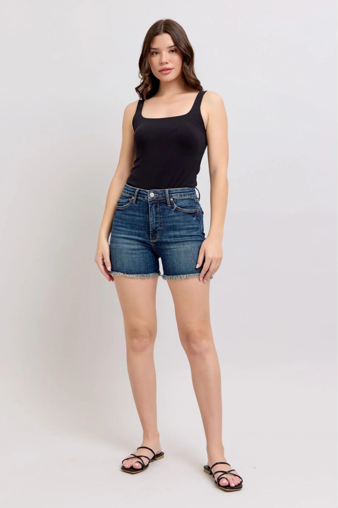 Judy Blue HW Tummy Control Fray Hem & Shield Back Pocket Shorts Product Image