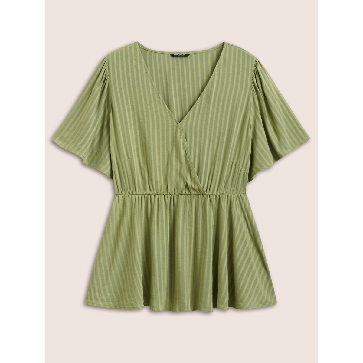 Plus Size Sage Plain Striped Overlap Collar Ruffle Sleeve Blouse Women Casual Short sleeve Overlap Collar Everyday Blouses BloomChic 18-20/2X Product Image