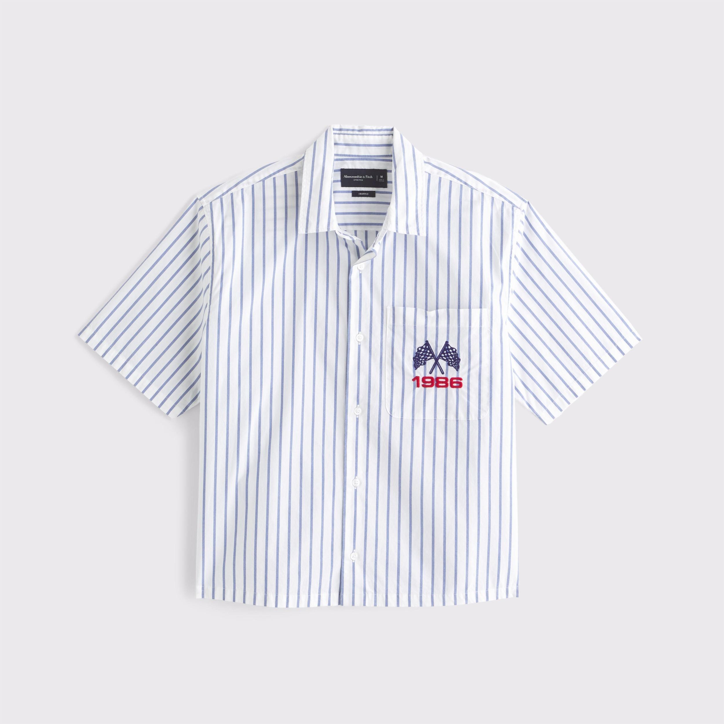 Short-Sleeve Cropped Racing Workwear Button-Up Shirt Product Image