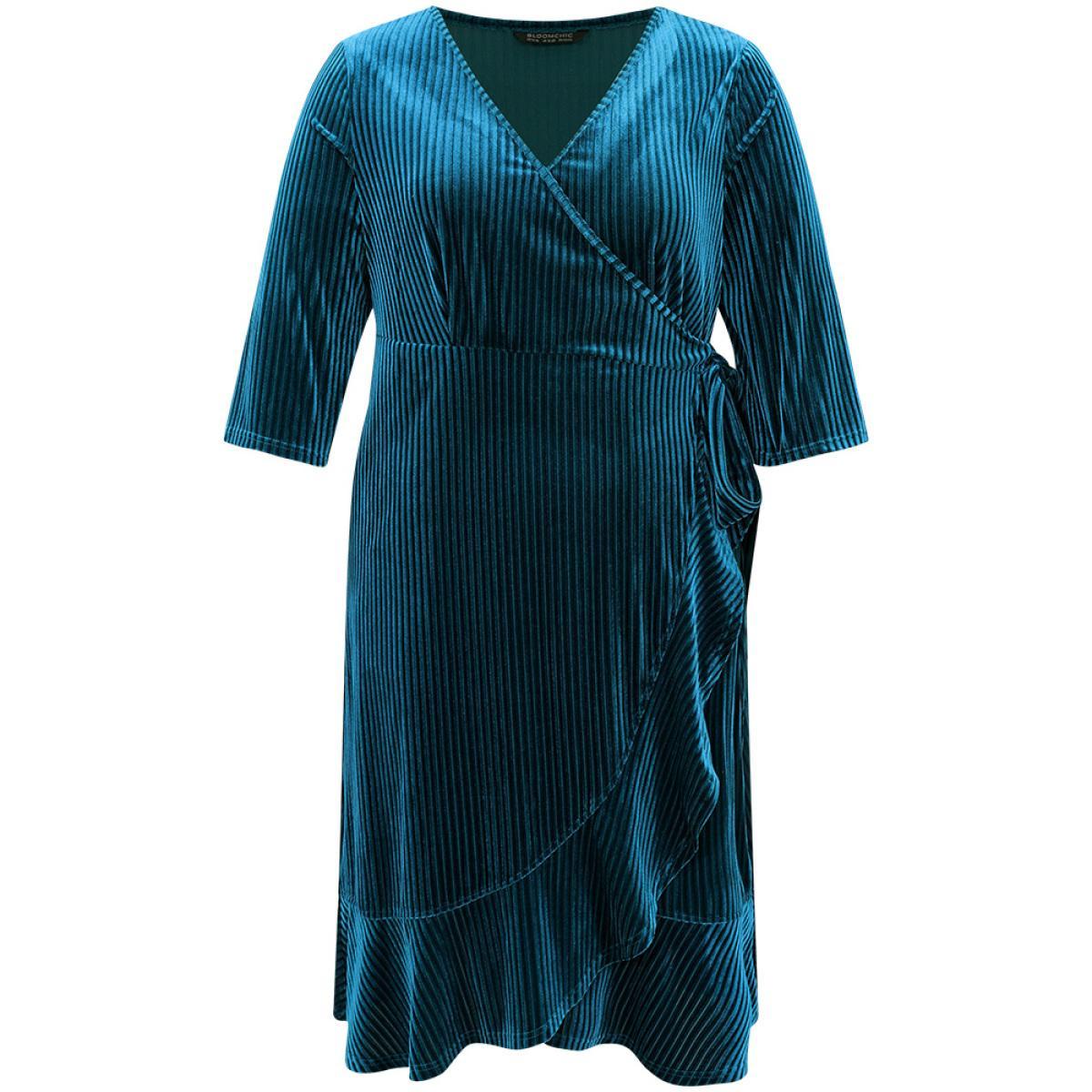 Plus Size Plain Velvet Ties Arc Hem Overlap Collar Dress Cerulean Women Glamour Velvet Overlap Collar Elbow-length sleeve Curvy Midi Dress BloomChic 18-20/2X Product Image