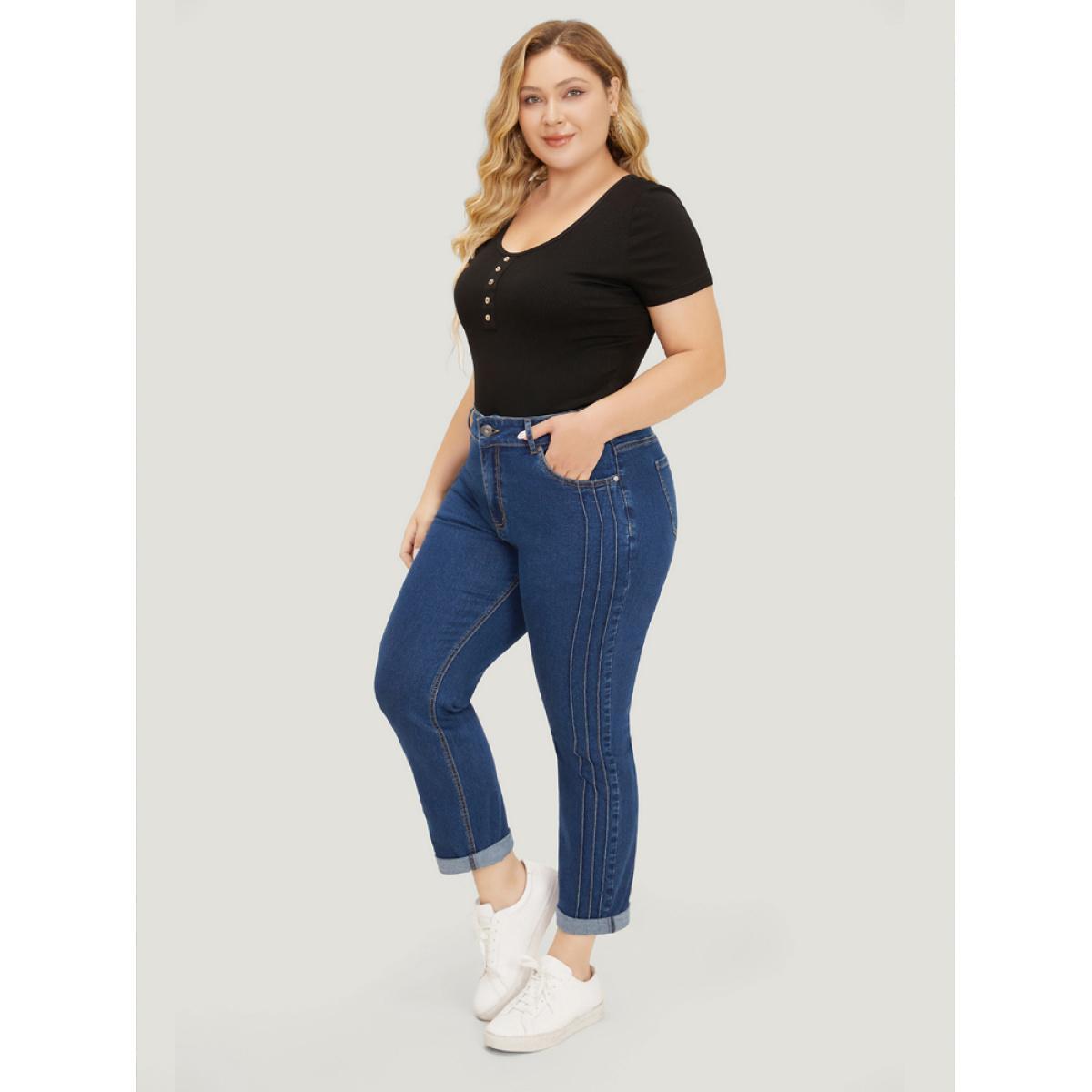 Plus Size Very Stretchy High Rise Medium Wash Pleated Detail Jeans Women DarkBlue Casual Plain Roll Hem High stretch Pocket Jeans BloomChic 28/5X Product Image