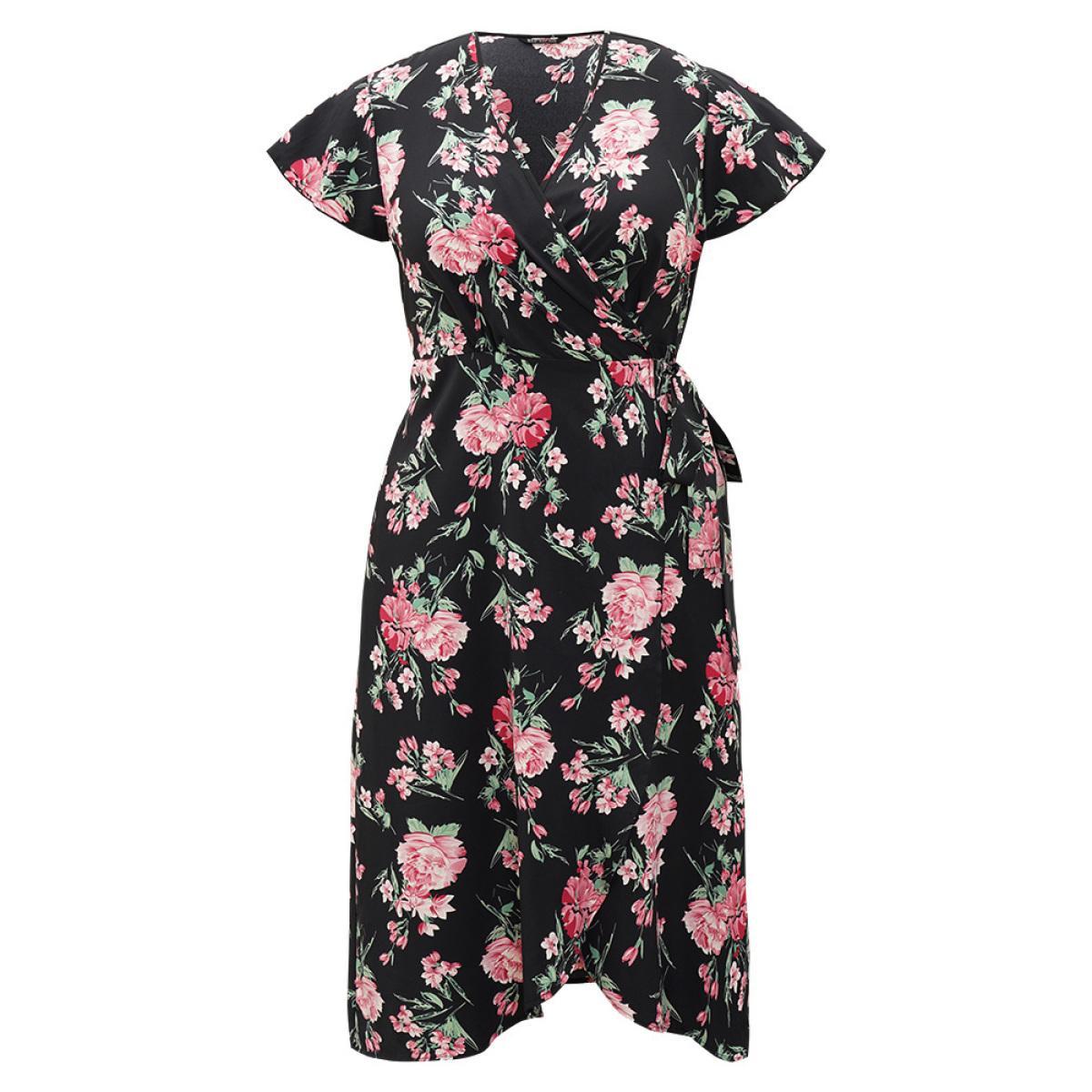 Plus Size Floral Print Wrap Pocket Knot Asymmetrical Hem Dress Black Women Elegant Wrap V-neck Short sleeve Curvy Midi Dress BloomChic 18-20/2X Product Image