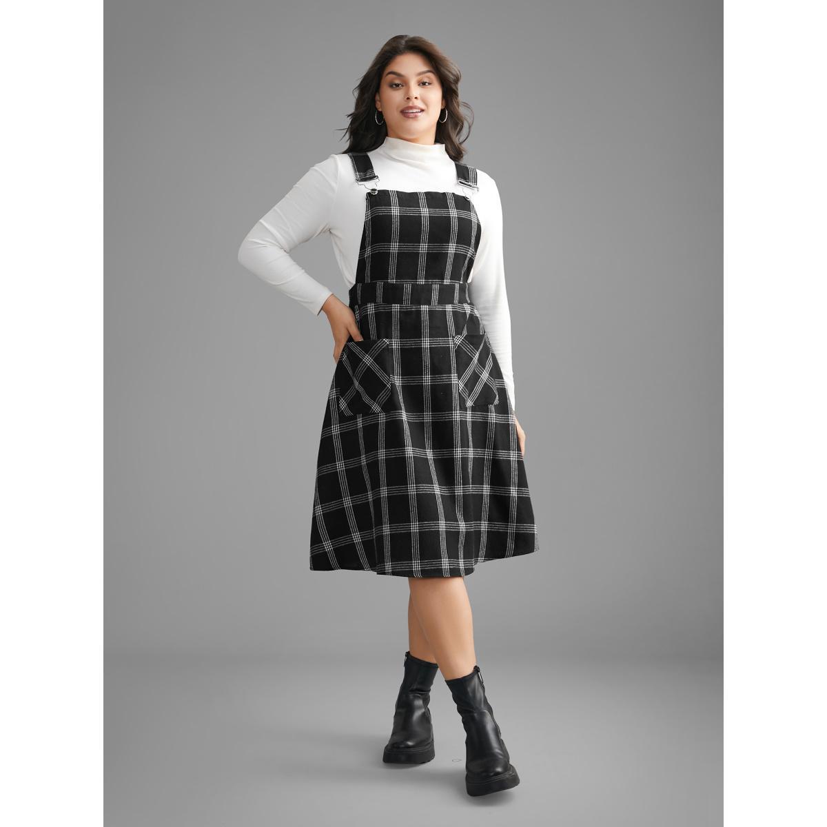 Plus Size Plaid Square Neck Patched Pocket Dress Black Women Casual Non Square Neck Sleeveless Curvy BloomChic 18-20/2X Product Image