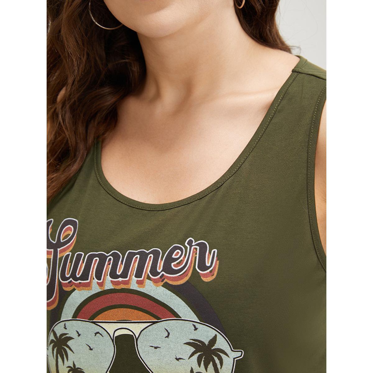 Plus Size Letter & Graphic Print Round Neck Tank Top Women ArmyGreen Casual Dailywear Tank Tops Camis BloomChic 12/L Product Image