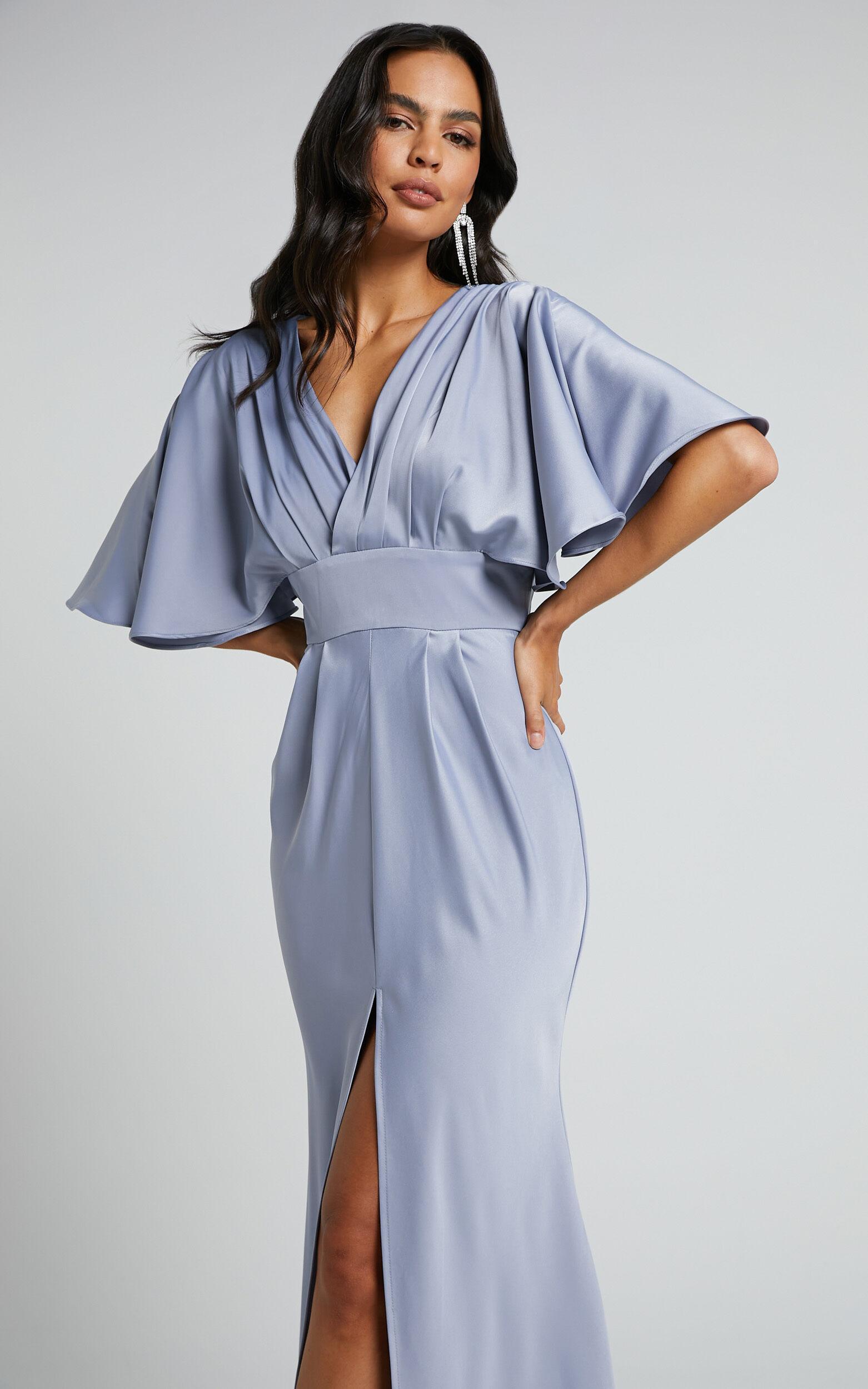 Gemalyn Midi Dress - Angel Sleeve V Neck Split Dress in Sky Blue Product Image