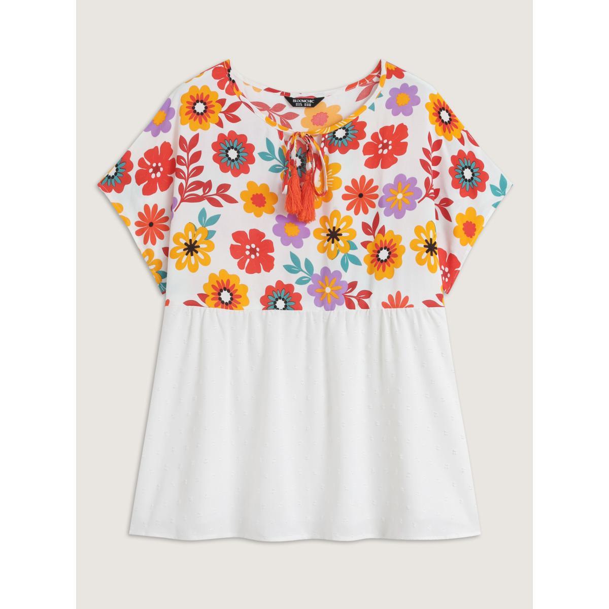 Plus Size WhiteSmoke Floral Print Neck-Tie Babydoll Top Women Resort Short sleeve Non Vacation Blouses BloomChic 10/M Product Image