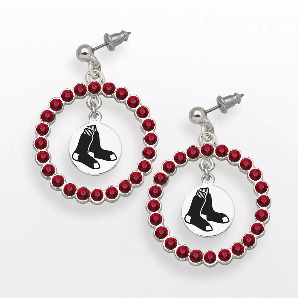 LogoArt Boston Red Sox Silver Tone Crystal Logo Charm Hoop Drop Earrings, Womens, Siam Product Image