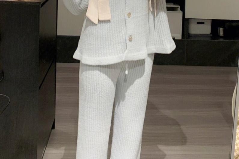 Pajama Set: Round Neck Bow Heart Button Cardigan + Straight Leg Pants Product Image