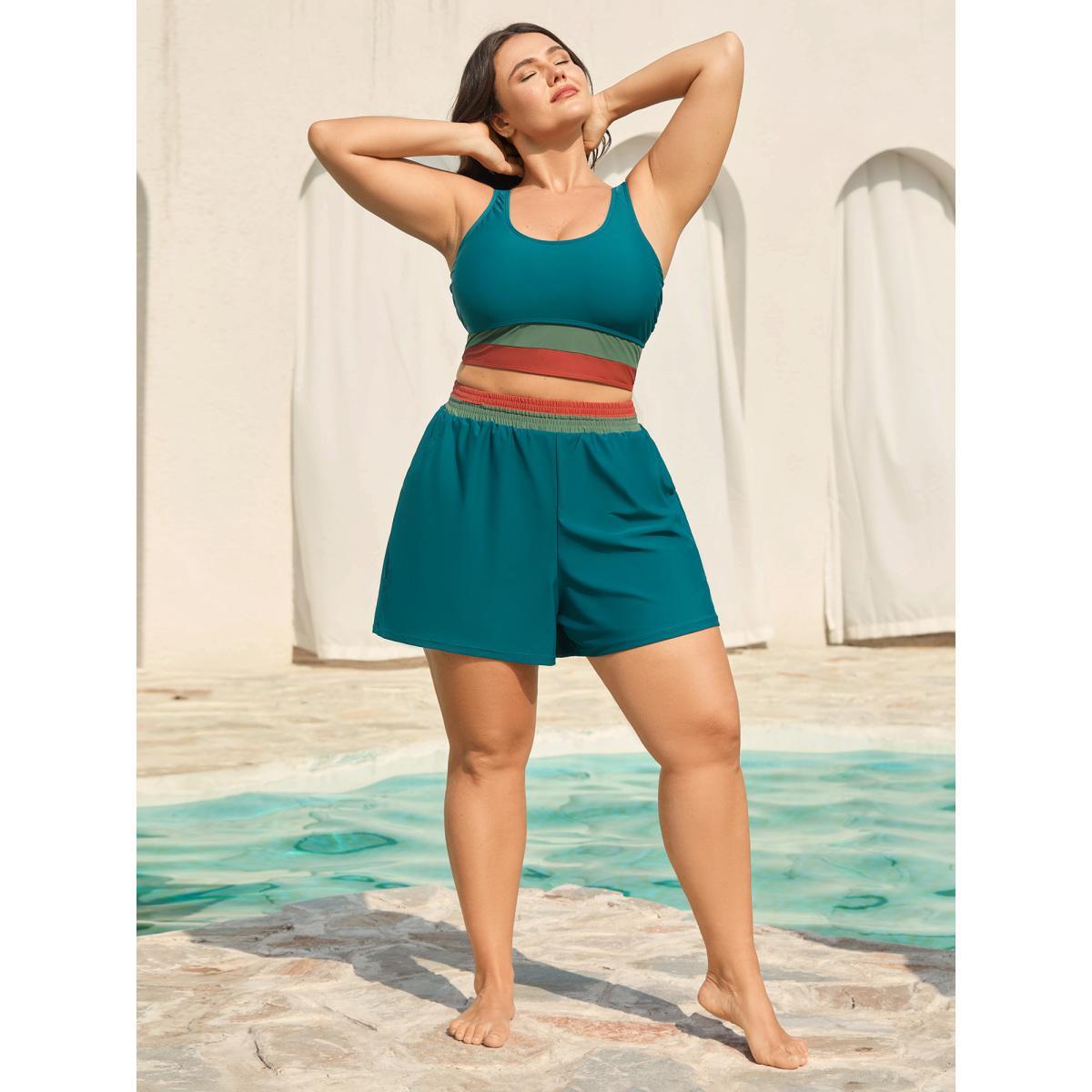 Plus Size Colorful Waistband Pockets Swim Bottoms Women's Swimwear Cyan Beach Contrast Low stretch Bodycon Mid Rise Side seam pocket Curve Swim Bottoms BloomChic 28/5X Product Image