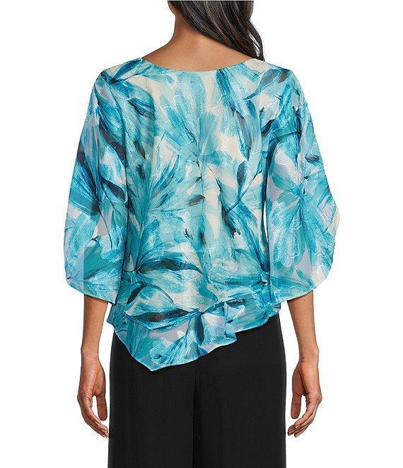 Alex Evenings Chiffon Boat Neck 3/4 Sleeve Abstract Floral Print Double Tier Hem Blouse Product Image
